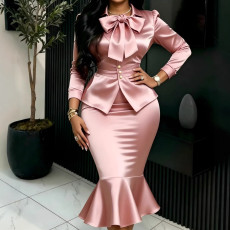 Plus Size Bow-Tie Satin Blazer And Fishtail Skirt Suit GKEN-ATP060348