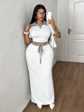 Short Sleeve Lapel Top Long Skirt 2 Piece Set GADE-11085