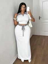 Short Sleeve Lapel Top Long Skirt 2 Piece Set GADE-11085