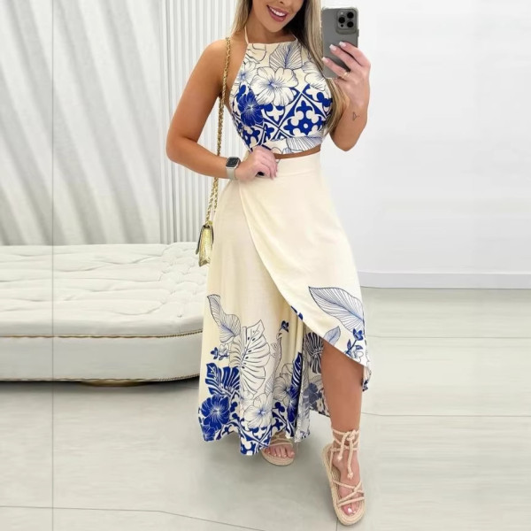 Print Halterneck Backless Long Skirt 2 Piece Set SHD-9967