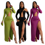 Solid Color Irregular Long Sleeve Bodysuit Long Skirt Suit YF-10802