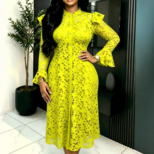 Plus Size Hollow Out Flare Long Sleeve Midi Dress 2 Piece Set  GKEN-AM040851SET