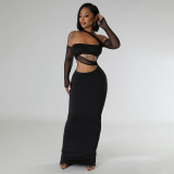 Mesh See Through Mesh Patchwork Maxi Dress YF-20045