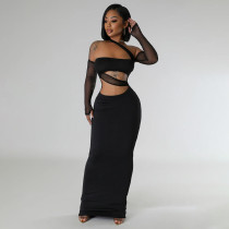 Mesh See Through Mesh Patchwork Maxi Dress YF-20045