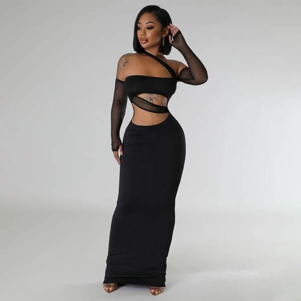 Mesh See Through Mesh Patchwork Maxi Dress YF-20045