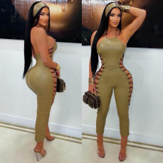 Sexy Backless PU Leather Bandage Jumpsuit(Without Headscarf) GFCF-1452