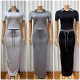 Short Sleeve Lapel Top Long Skirt 2 Piece Set GADE-11085