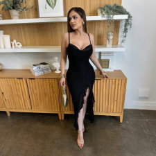 Ruffles Solid Color Sling Split Midi Dress CYA-902297