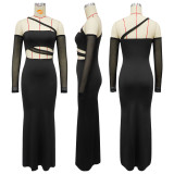 Mesh See Through Mesh Patchwork Maxi Dress YF-20045