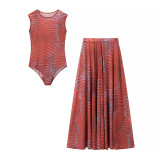 Print Sleeveless Bodysuit  Long Skirts 2 Piece Set SHD-9966