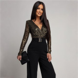 Long Sleeve V Neck Sequin Jumpsuit CYA-902224