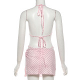 Polka Dots Print Tie Up Bikinis+Skirt 3 Piece Set GYME-K25S89257