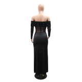 Off Shoulder Long Sleeve Bead Split Maxi Dress CYA-902280