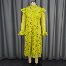 Plus Size Hollow Out Flare Long Sleeve Midi Dress 2 Piece Set  GKEN-AM040851SET