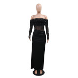 Off Shoulder Long Sleeve Bead Split Maxi Dress CYA-902280