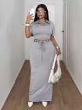 Short Sleeve Lapel Top Long Skirt 2 Piece Set GADE-11085