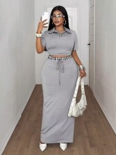 Short Sleeve Lapel Top Long Skirt 2 Piece Set GADE-11085
