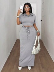 Short Sleeve Lapel Top Long Skirt 2 Piece Set GADE-11085