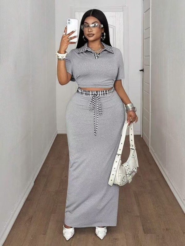 Short Sleeve Lapel Top Long Skirt 2 Piece Set GADE-11085