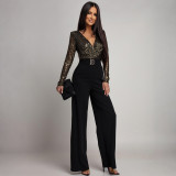 Long Sleeve V Neck Sequin Jumpsuit CYA-902224