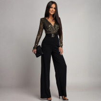 Long Sleeve V Neck Sequin Jumpsuit CYA-902224