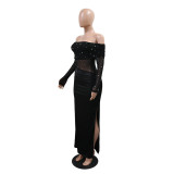 Off Shoulder Long Sleeve Bead Split Maxi Dress CYA-902280