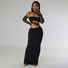 Mesh See Through Mesh Patchwork Maxi Dress YF-20045