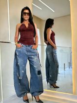 Plus Size Holes Loose Wide Leg Jeans GYLN-4947