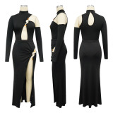 Solid Color Irregular Long Sleeve Bodysuit Long Skirt Suit YF-10802