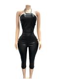 Sexy Backless PU Leather Bandage Jumpsuit(Without Headscarf) GFCF-1452