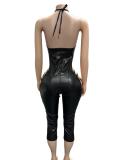 Sexy Backless PU Leather Bandage Jumpsuit(Without Headscarf) GFCF-1452
