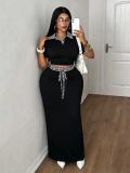 Short Sleeve Lapel Top Long Skirt 2 Piece Set GADE-11085