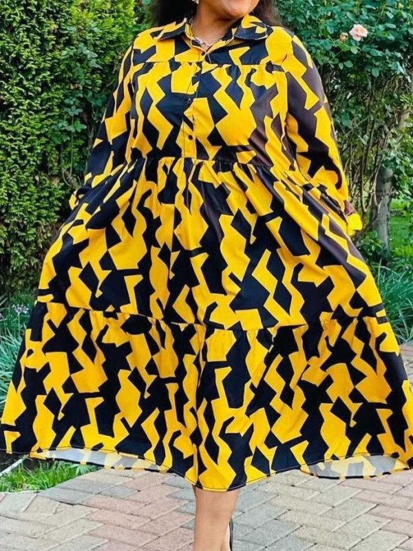 Plus Size Print Long Sleeve Maxi Dress GAWE-6552