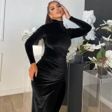 Velour Ruched Long Sleeve Maxi Dress GYEF-GA143-001