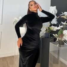 Velour Ruched Long Sleeve Maxi Dress GYEF-GA143-001