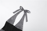 V Neck Patchwork Halterneck Tie Up Seventh Jumpsuit GZJQ-K6Q05199A