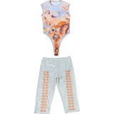 Print Sleeveless Bodysuit Fifth Pants 2 Piece Set GZJQ-K6S03201A