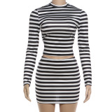 Stripe Print Long Sleeve Top Two Piece Skirts Set GZJQ-K6S05856A