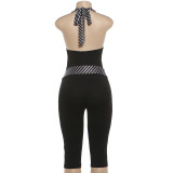 V Neck Patchwork Halterneck Tie Up Seventh Jumpsuit GZJQ-K6Q05199A