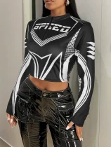 Letter Print Long Sleeve Zipper Tops GYEF-GA380-001