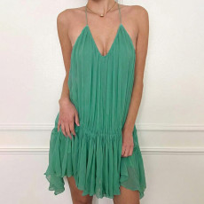 Solid Color V Neck Sleeveless Backless Mini Dress GYME-K6D00187A