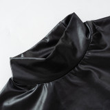 PU Leather Long Sleeve Boydsuit Ruched Skirt Suit GPBY-13375
