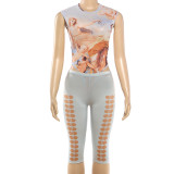Print Sleeveless Bodysuit Fifth Pants 2 Piece Set GZJQ-K6S03201A