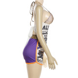 Letter Print Halterneck Tie Up Two Piece Shorts Set GZJQ-K6S02568A