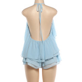 Solid Color Halterneck Backless Vest Shorts 2 Piece Set GZJQ-K6S03135A