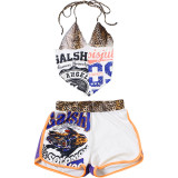 Letter Print Halterneck Tie Up Two Piece Shorts Set GZJQ-K6S02568A