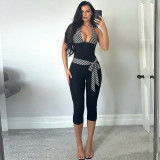 V Neck Patchwork Halterneck Tie Up Seventh Jumpsuit GZJQ-K6Q05199A