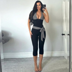 V Neck Patchwork Halterneck Tie Up Seventh Jumpsuit GZJQ-K6Q05199A