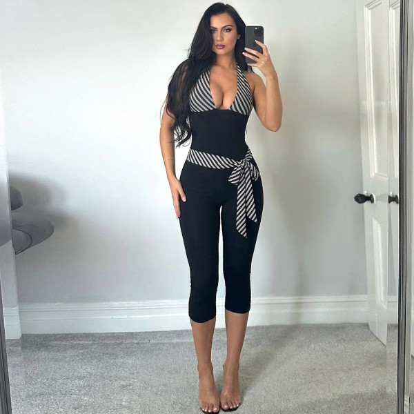 V Neck Patchwork Halterneck Tie Up Seventh Jumpsuit GZJQ-K6Q05199A