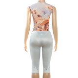 Print Sleeveless Bodysuit Fifth Pants 2 Piece Set GZJQ-K6S03201A